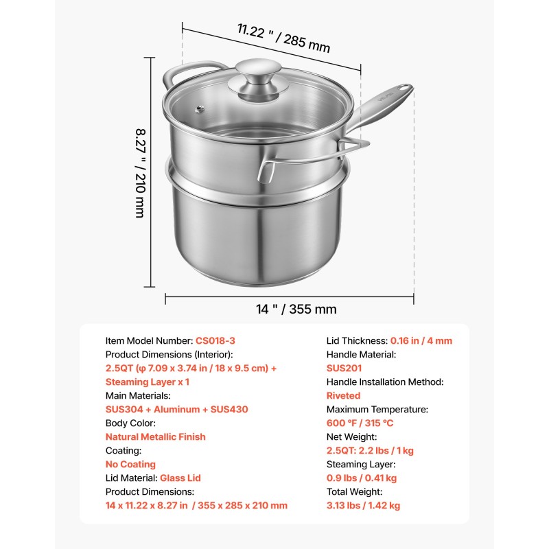 Pinnoitteeton ruostumaton teräskasari pieniin arjen ruokiin höyrystinkerroksella lasikannella