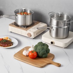 Pinnoitteeton ruostumaton teräskasari pieniin arjen ruokiin höyrystinkerroksella lasikannella