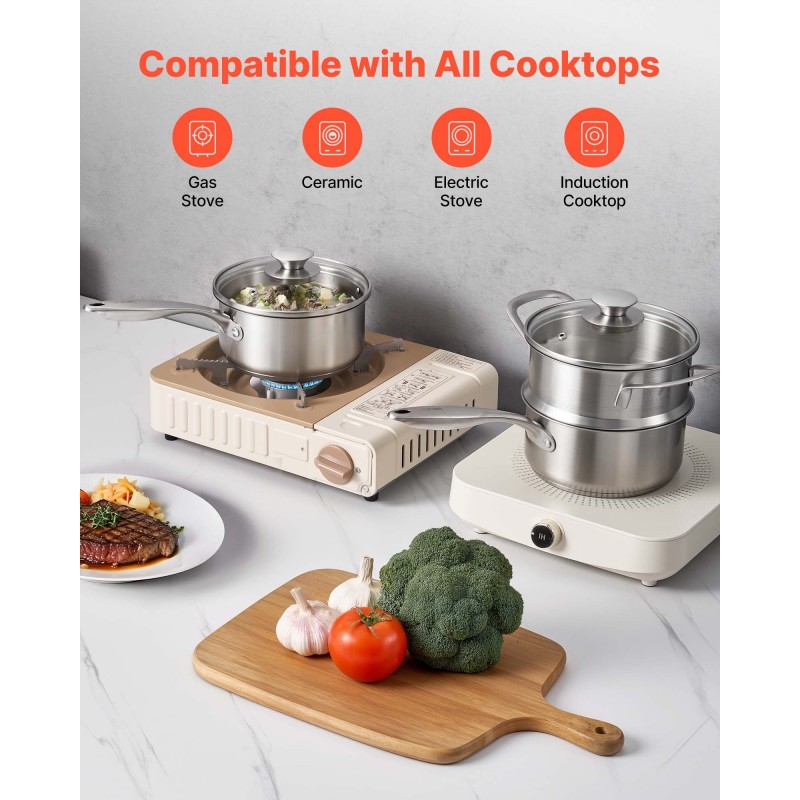 Kasari 1.5QT pinnoitteeton ruostumaton teräs höyrytysosalla lasikannulla uuninkestävä