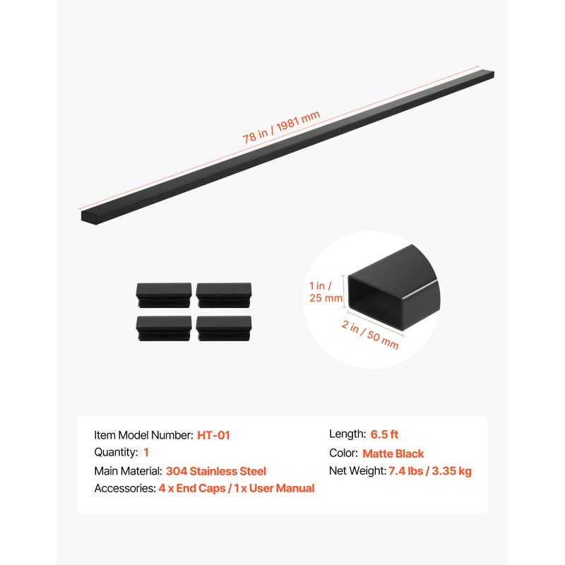 Käsijohde 304-ruostumattomasta teräksestä 1981 mm mattamusta sisä- ja ulkokäyttöön