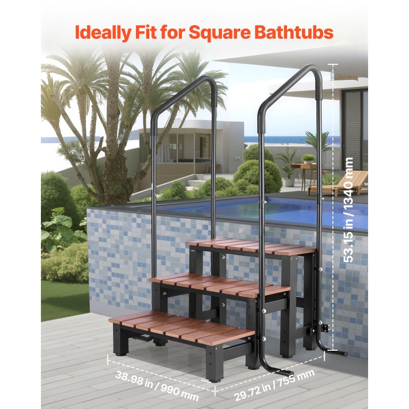 Kylpytynnyrin 3-portainen säänkestävä porras käsijohteella 249 kg kantavuus