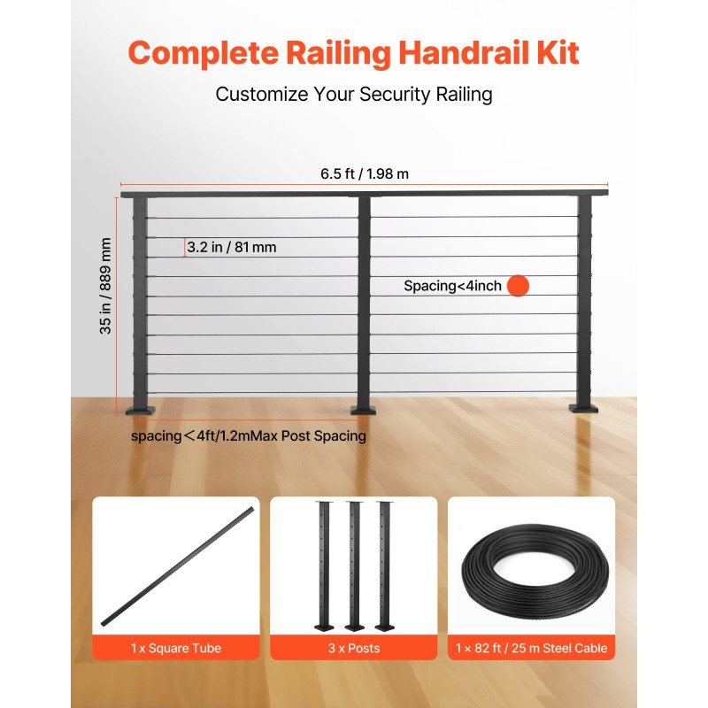 Kaidepakkaus 304-ruostumaton teräs 1981 mm 3 pylvästä 25 m kaapeli mattamusta