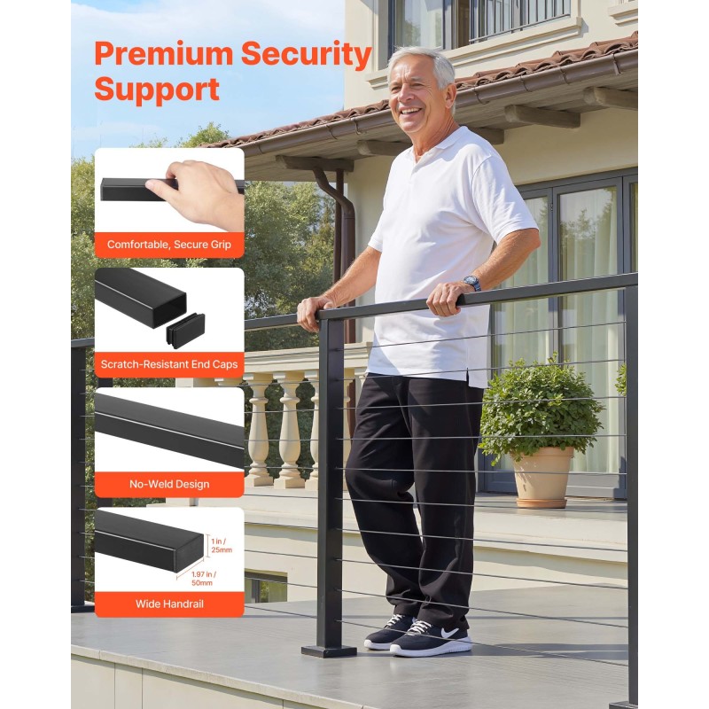 Kaidepakkaus 304-ruostumaton teräs 1981 mm 3 pylvästä 25 m kaapeli mattamusta