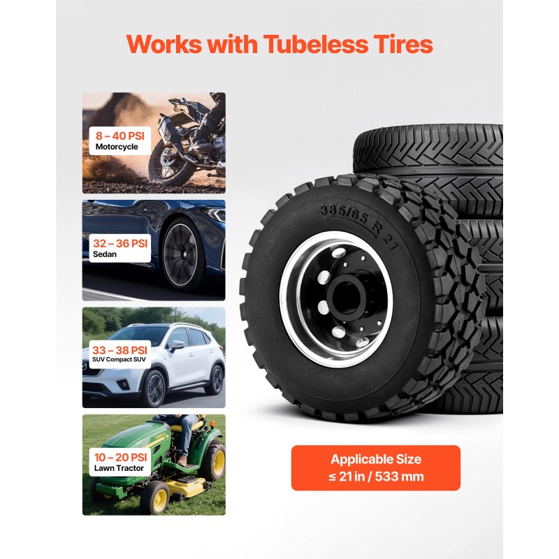 Renkaan helmenistutuslaite 8 L hiiliterässäiliö sopii putkettomille renkaille enintään 21 tuumaa