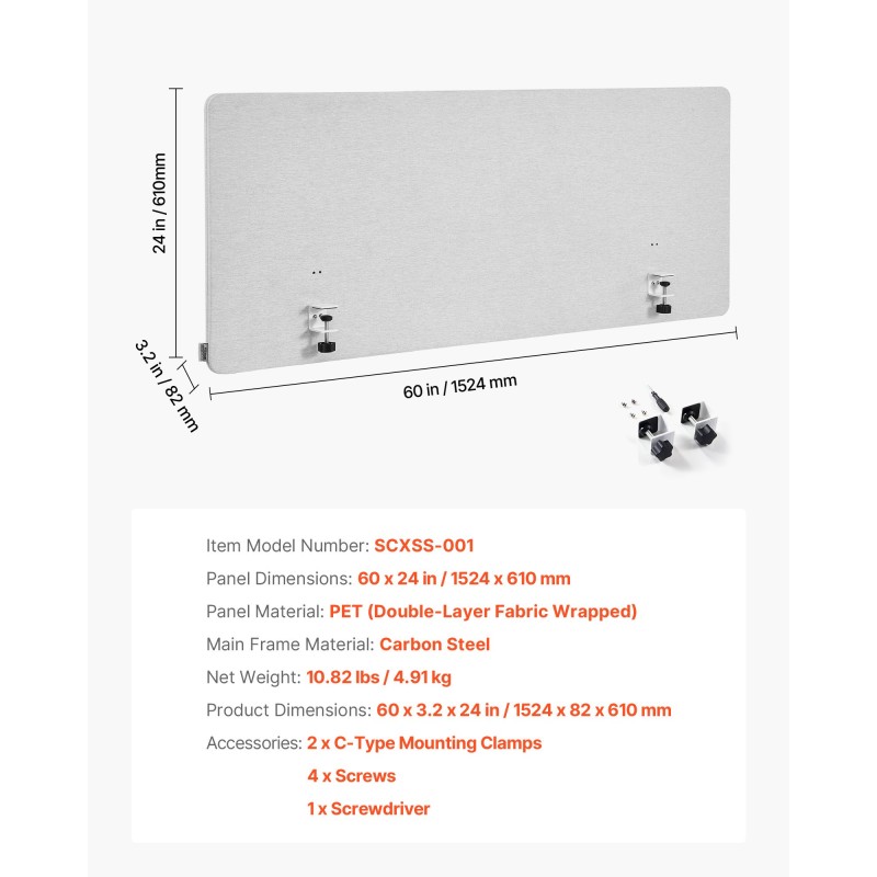 Pöytäseinäke PET-paneelilla hiiliteräsrunko 1524 x 610 mm
