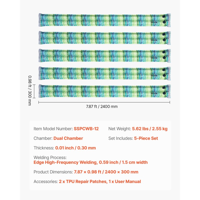 Uima-altaan peitteen vesipussit 5 kappaletta 2400 x 300 mm PVC-muovia kaksikammioiset