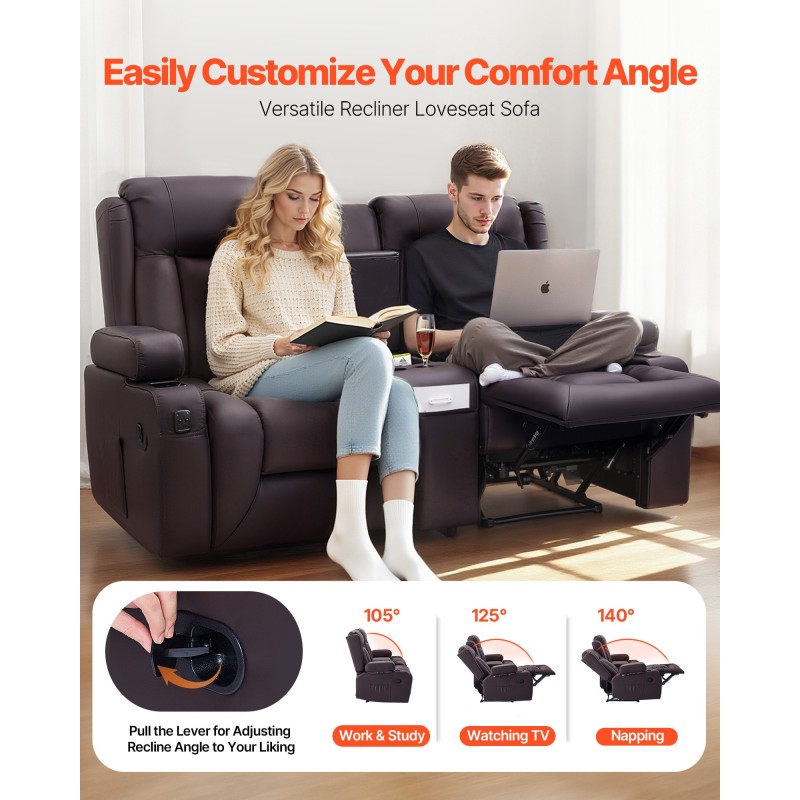 Kaksipaikkainen lepotuoli sohva ruskea PU-nahka käsikäyttöinen kallistus USB-portit keskikonsoli