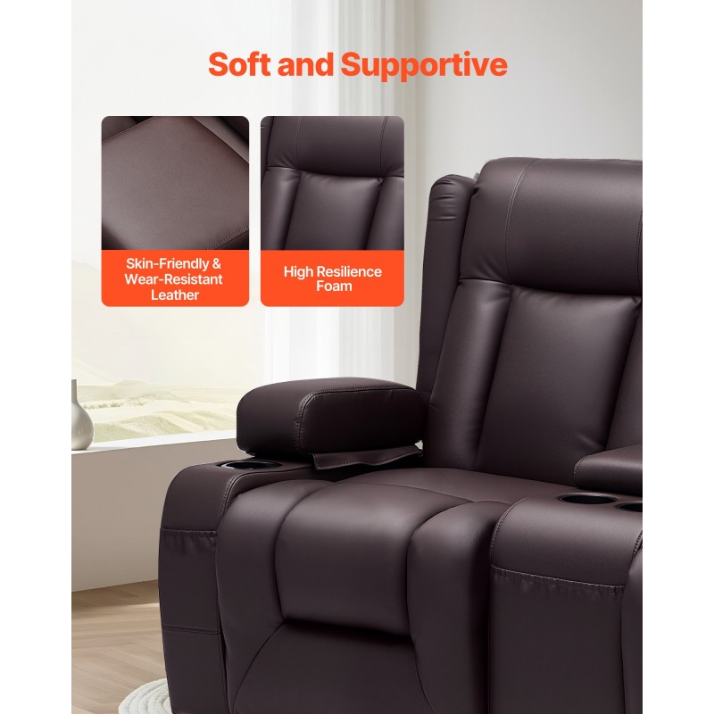 Kaksipaikkainen lepotuoli sohva ruskea PU-nahka käsikäyttöinen kallistus USB-portit keskikonsoli