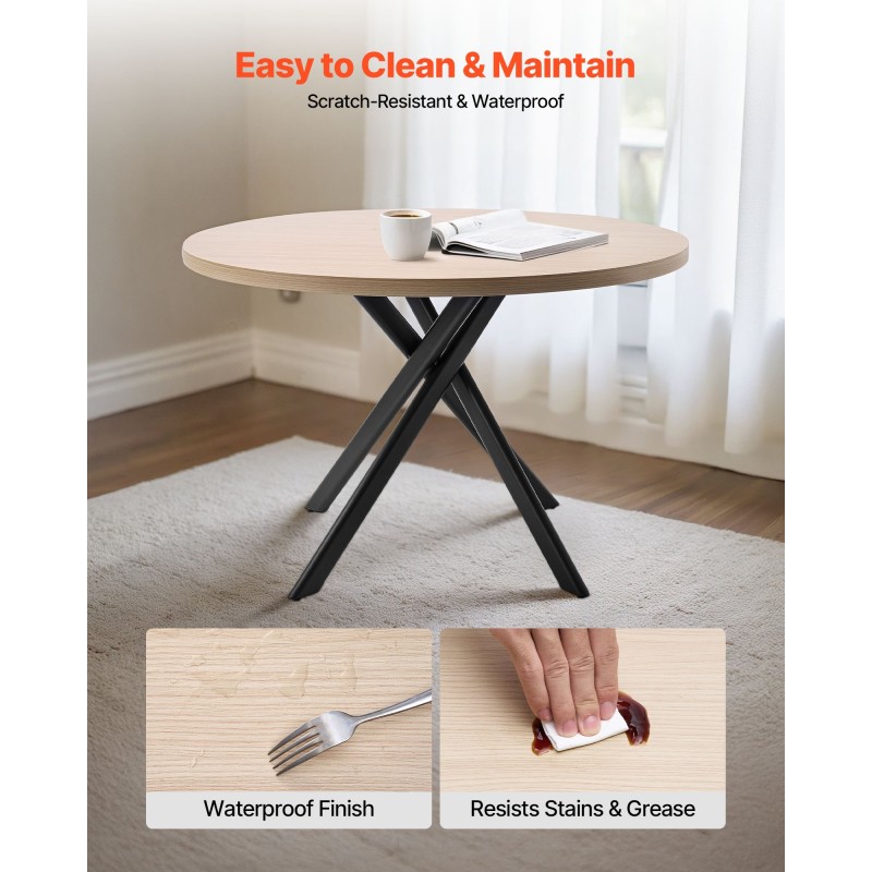 Pyöreä 45-tuumainen ruokapöytäsetti MDF-pöytälevyllä ja 4 keinonahkatuolia