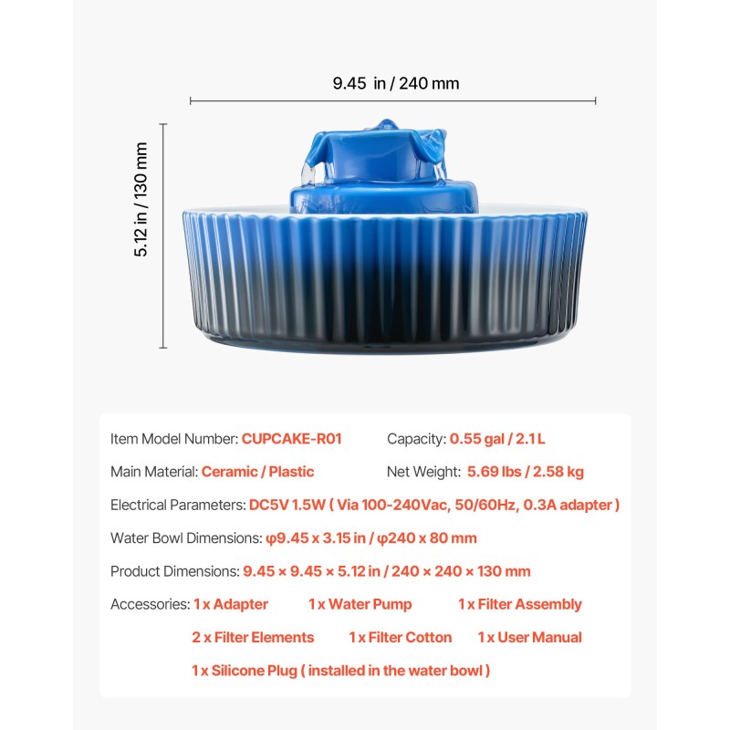 Keraaminen juoma-allas lemmikeille 2,1 l 360° juoma-alue hiljainen 1,5 W pumppu