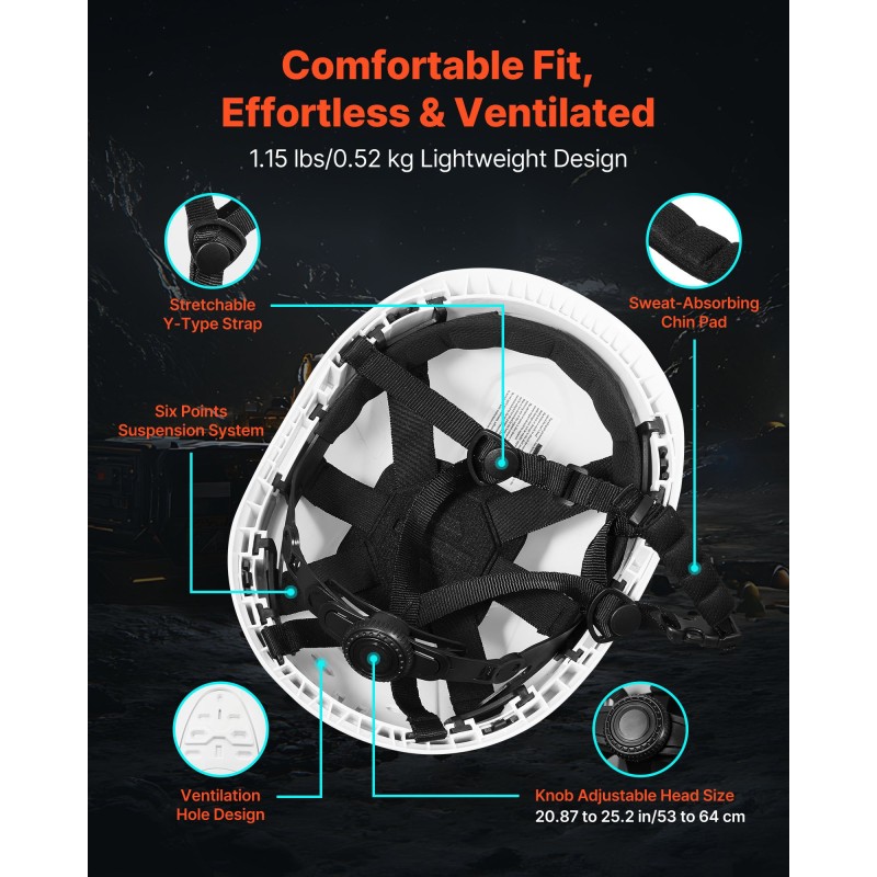Turvallisuuskypärä teollisuuskäyttöön ABS-kuori 6-pisteinen jousitus säädettävä Y-mallinen leukahihna heijastinnauhat