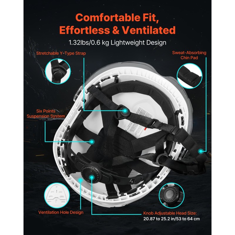 Teollisuuskypärä ABS-kuori polykarbonaattivisiiri kuusipisteinen räikkäkiristys valkoinen 53–64 cm