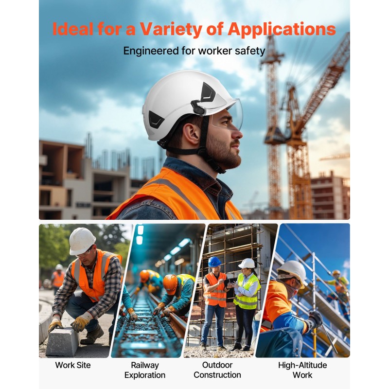 Teollisuuskypärä ABS-kuori polykarbonaattivisiiri kuusipisteinen räikkäkiristys valkoinen 53–64 cm