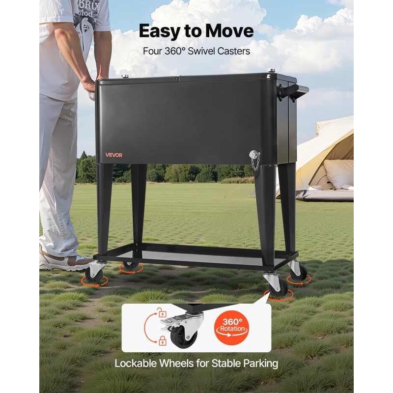 Siirrettävä 80QT kylmävaunu teräsrunko PP sisävuori PU-eriste 360 asteen pyörät