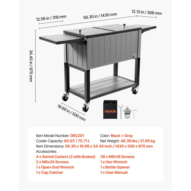 Siirrettävä kylmävaunu 75,7 litraa terassille kylmävalssattu teräsrunko pyörillä
