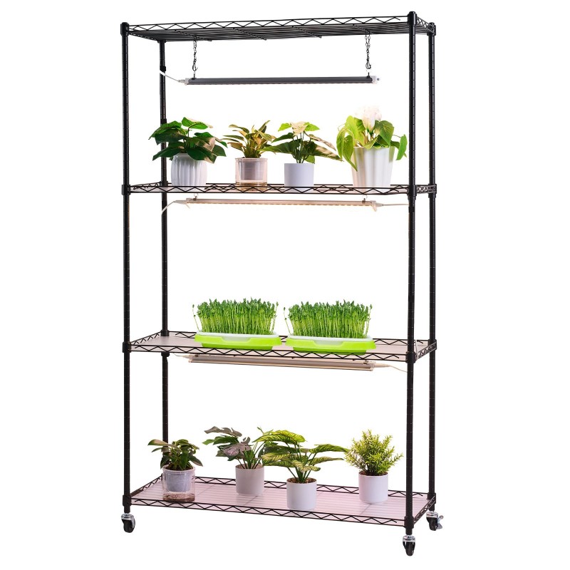 Kasvihylly 4-tasoinen sisäkäyttöön metallirungolla 150 cm kolmella täyden spektrin 90W LED-valopalkilla