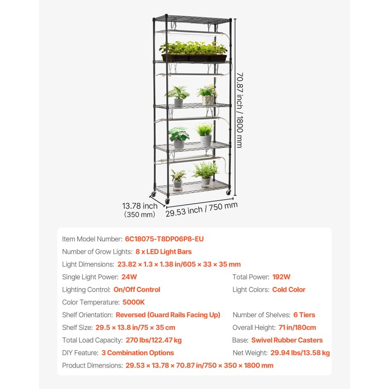 Monitasoinen sisäkasviteline kuudella tasolla 180 senttimetriä korkea kahdeksalla täysspektrisellä LED-valolla