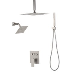 Kattokiinnitteinen kaksoissadesuihkusetti 254 mm ja 152 mm harjattu nikkeli kaksitoiminen käsisuihku