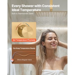Kattosuihkusetti termostaattihanalla 305 mm sadesuihku 152 mm seinäsuihku harjattu kulta