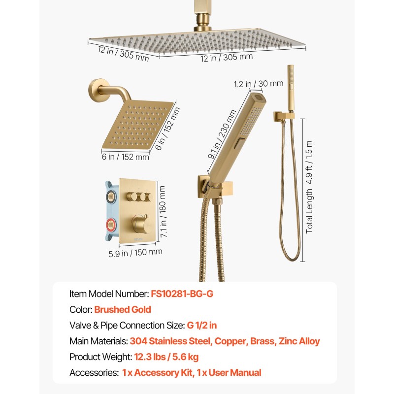 Kattosuihkusetti termostaattihanalla 305 mm sadesuihku 152 mm seinäsuihku harjattu kulta