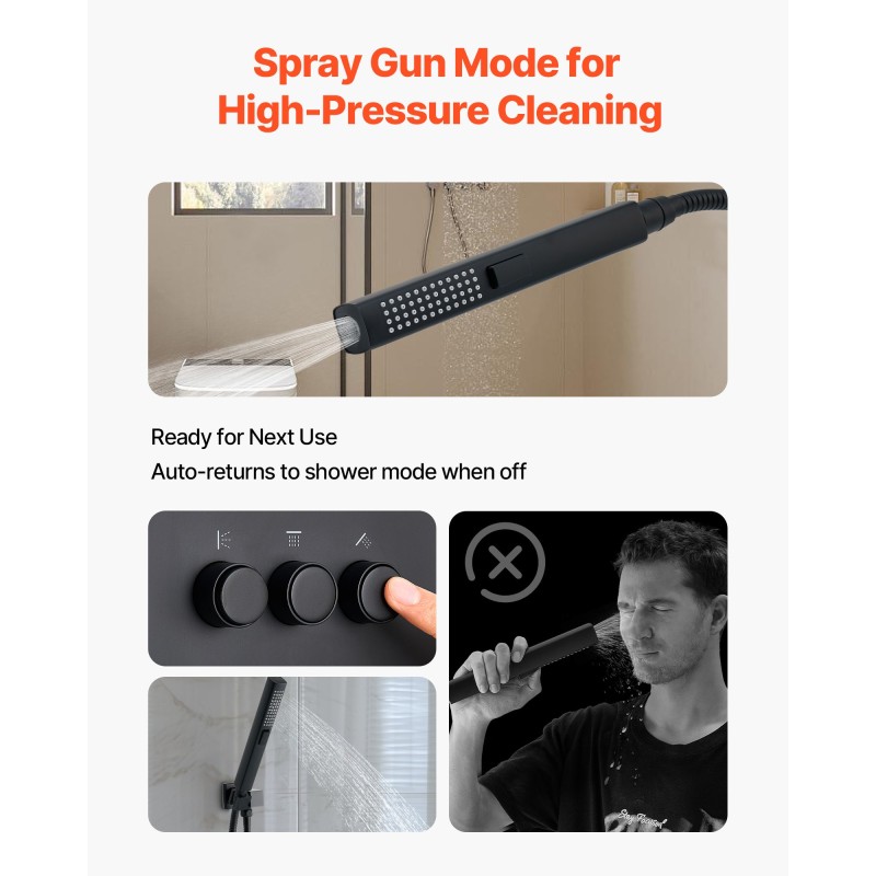 Sadesuihkusetti termostaattisella hanalla mattamusta 305 mm kattosuihku 152 mm seinäsuihku yhdistelmäkäsisuihku