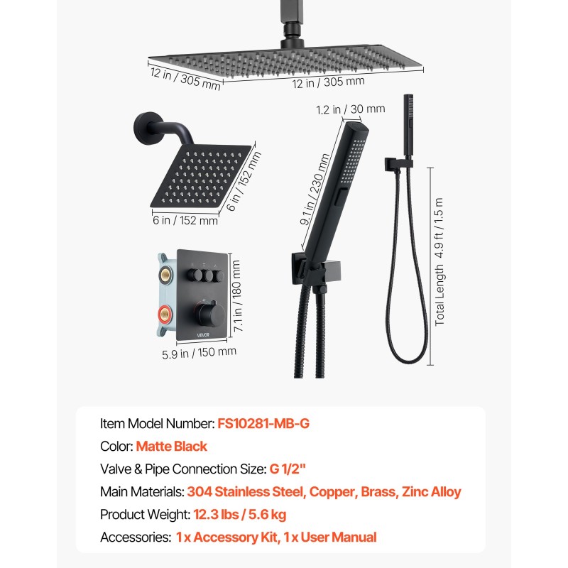 Sadesuihkusetti termostaattisella hanalla mattamusta 305 mm kattosuihku 152 mm seinäsuihku yhdistelmäkäsisuihku