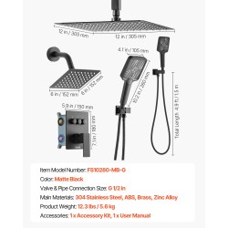 Kattosuihkusetti ruostumaton teräs mattamusta 305 mm kattosuihku 152 mm seinäsuihku monitoiminen käsisuihku