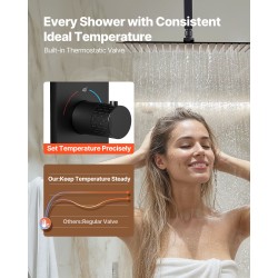 Termostaattinen kattoasennettava sadesuihkusarja 406 mm sadesuihkupää 6 hierontasuutinta käsisuihku mattamusta