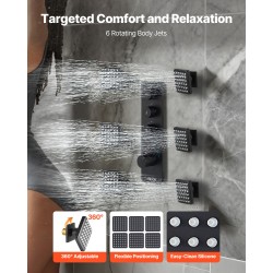 Termostaattinen kattoasennettava sadesuihkusarja 406 mm sadesuihkupää 6 hierontasuutinta käsisuihku mattamusta