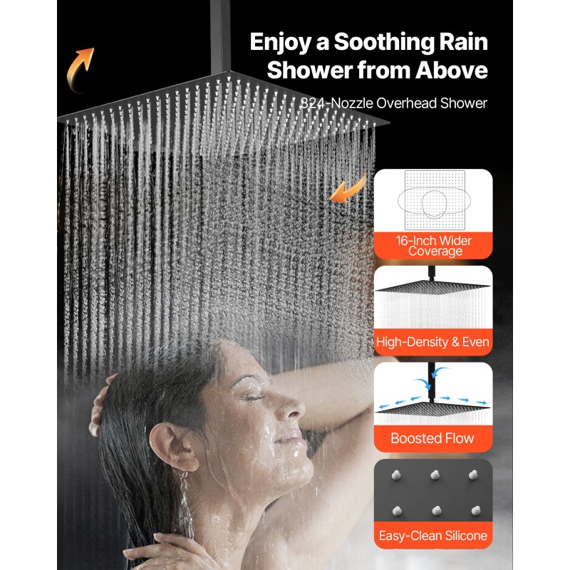 Termostaattinen kattoasennettava sadesuihkusarja 406 mm sadesuihkupää 6 hierontasuutinta käsisuihku mattamusta