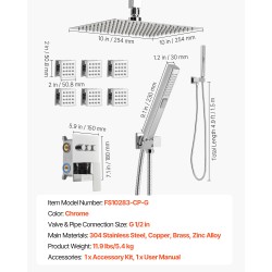 Kattokiinnitteinen kromipintainen sadesuihkusetti 254 millimetriä kuusi kehosuutinta kaksitoiminen käsisuihku