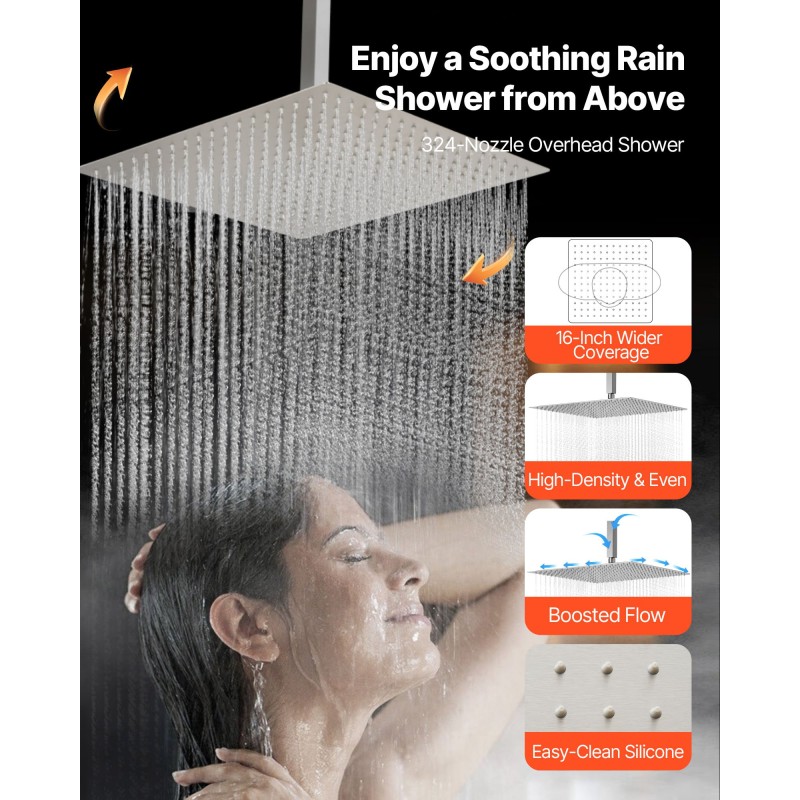 Kattokiinnitteinen sadesuihkusetti 406 mm harjattu nikkeli 152 mm seinäsuihku 6 hierovaa sivusuihkua