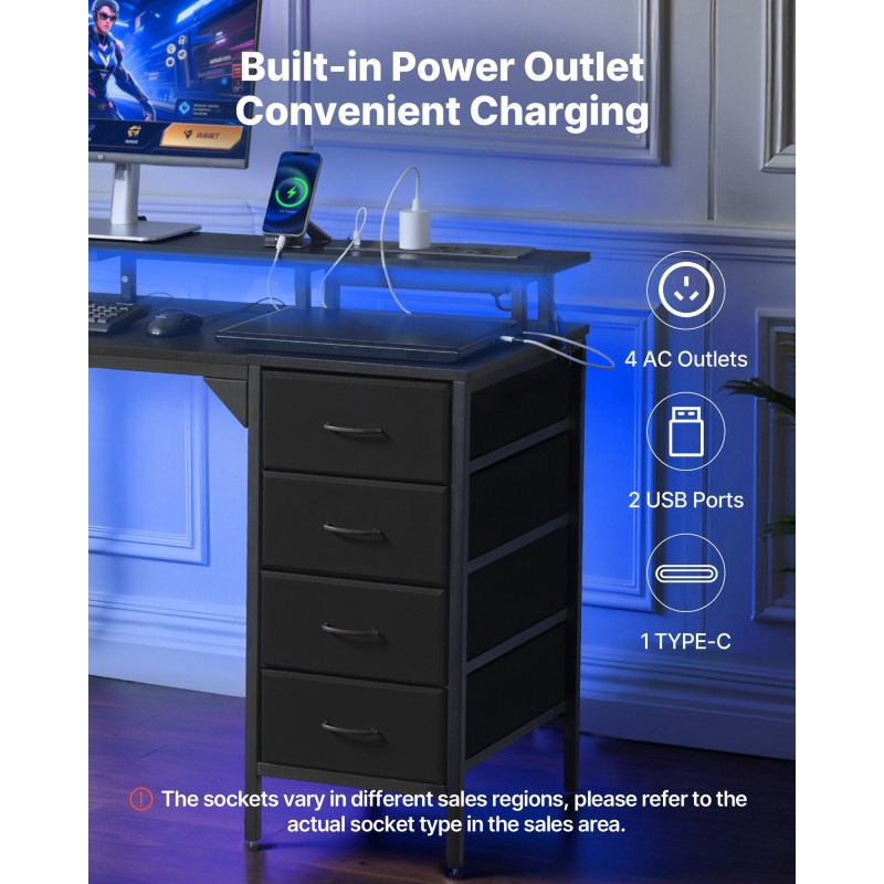 Tietokonepöytä 120 senttimetriä leveä 50 senttimetriä syvä lastulevy teräsrunko värivalonauhalla 4 kangaslaatikkoa