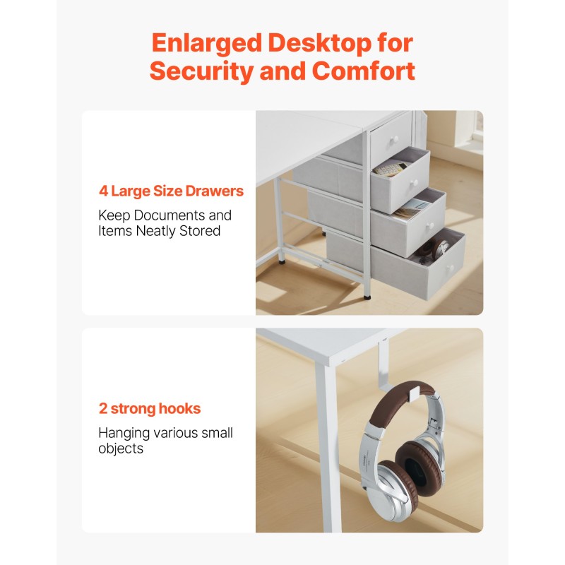 Tietokonepöytä 120 cm teräsrunko lastulevy neljä kangaslaatikkoa säädettävät tassut