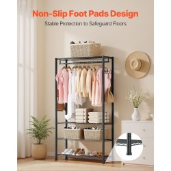 Vaateteline hiiliteräs musta neljä hyllyä yksi vaatetanko kahdeksan koukkua