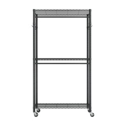 Vaateteline siirrettävä hiiliteräs musta pyörillä 3 hyllyä 2 tankoa