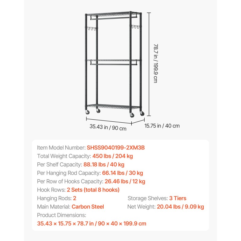 Vaateteline siirrettävä hiiliteräs musta pyörillä 3 hyllyä 2 tankoa