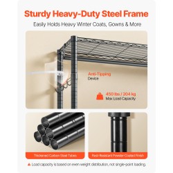 Vaateteline siirrettävä hiiliteräs musta pyörillä 3 hyllyä 2 tankoa