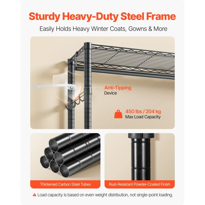 Vaateteline siirrettävä hiiliteräs musta pyörillä 3 hyllyä 2 tankoa