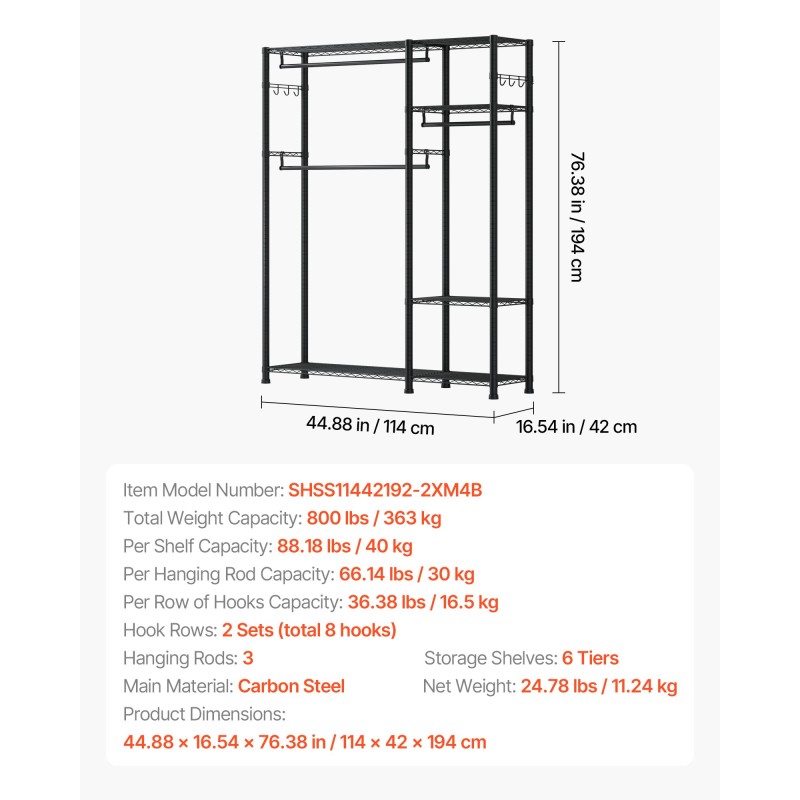 Hiiliteräs vaateteline 6 hyllyä 3 ripustustankoa jauhemaalattu musta