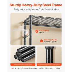 Hiiliteräs vaateteline 6 hyllyä 3 ripustustankoa jauhemaalattu musta