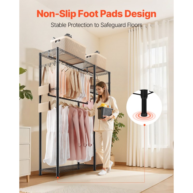 Hiiliteräs vaateteline 6 hyllyä 3 ripustustankoa jauhemaalattu musta