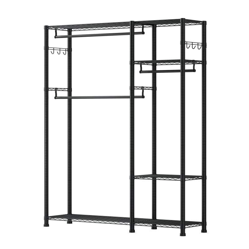 Hiiliteräs vaateteline 6 hyllyä 3 ripustustankoa jauhemaalattu musta