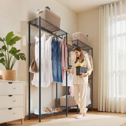 Vaateräkki hiiliteräsrunko seitsemän säädettävää hyllytasoa neljä vaatetankoa musta