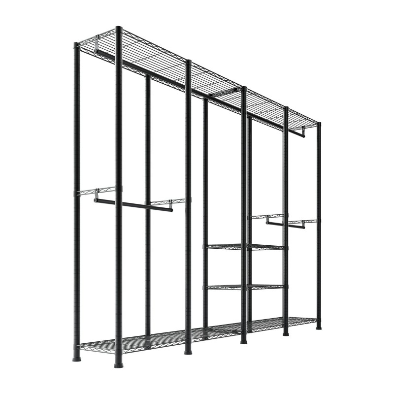 Vaateräkki hiiliteräsrunko musta 10 hyllytasoa 4 vaatetankoa