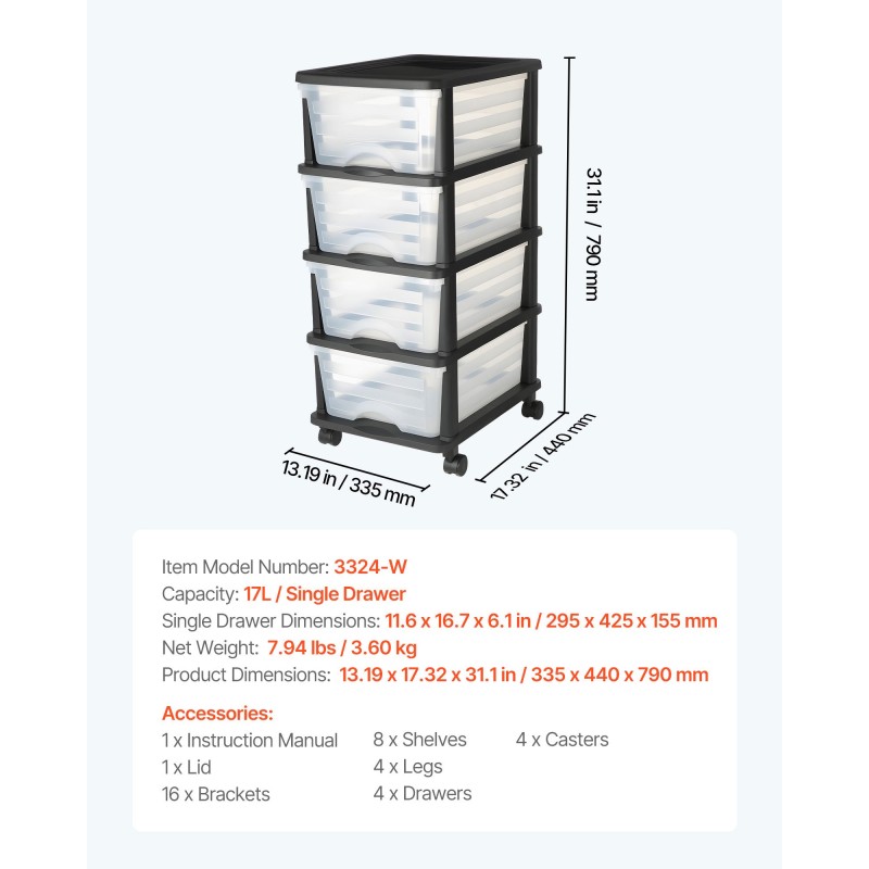 Muovinen laatikkovaunu pyörillä neljä läpinäkyvää laatikkoa jokainen seitsemäntoista litraa