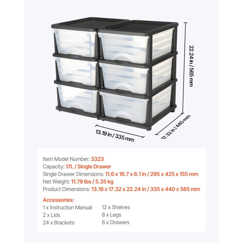 Muovinen säilytyslaatikosto 2 kpl 6 vetolaatikkoa 17 l kodin ja toimiston käyttöön