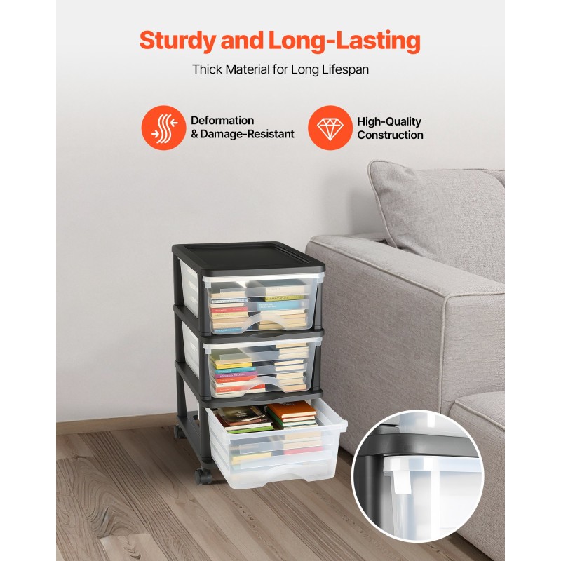 Muovinen säilytyslaatikosto pyörillä 3 läpinäkyvää laatikkoa 17 litraa