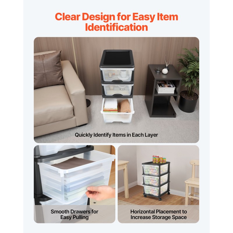 Muovinen säilytyslaatikosto pyörillä 3 läpinäkyvää laatikkoa 17 litraa