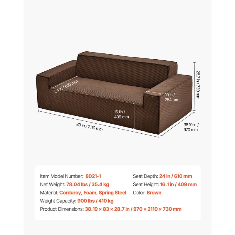 Kangassohva 211 cm leveä korduroykangas syvä istuin ruskea